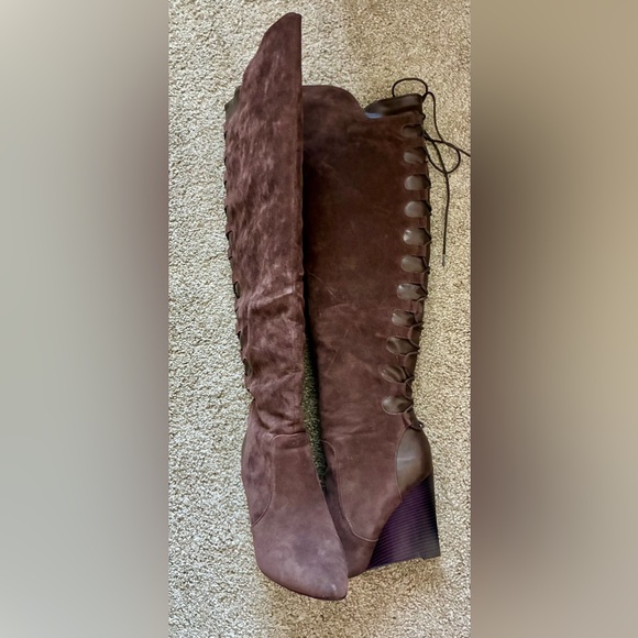 Olga Brown Suede Over-the-Knee Lace-Up Wedge Boots Size 10 - Picture 5 of 7